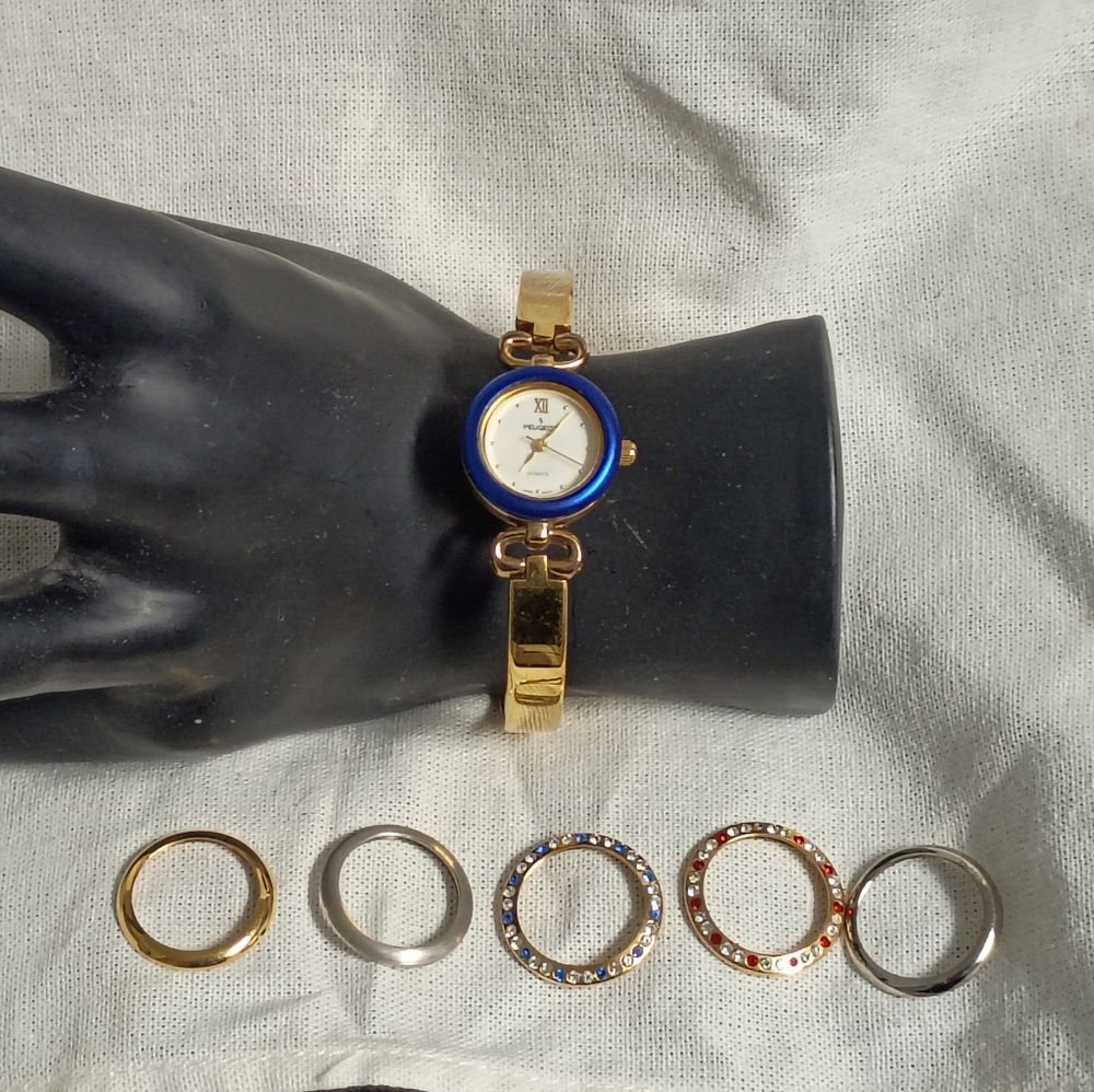 ❤️VINTAGE Ladies PEUGEOT Interchangeable 6 Bezels Gold Tone Bangle Wrist Watch